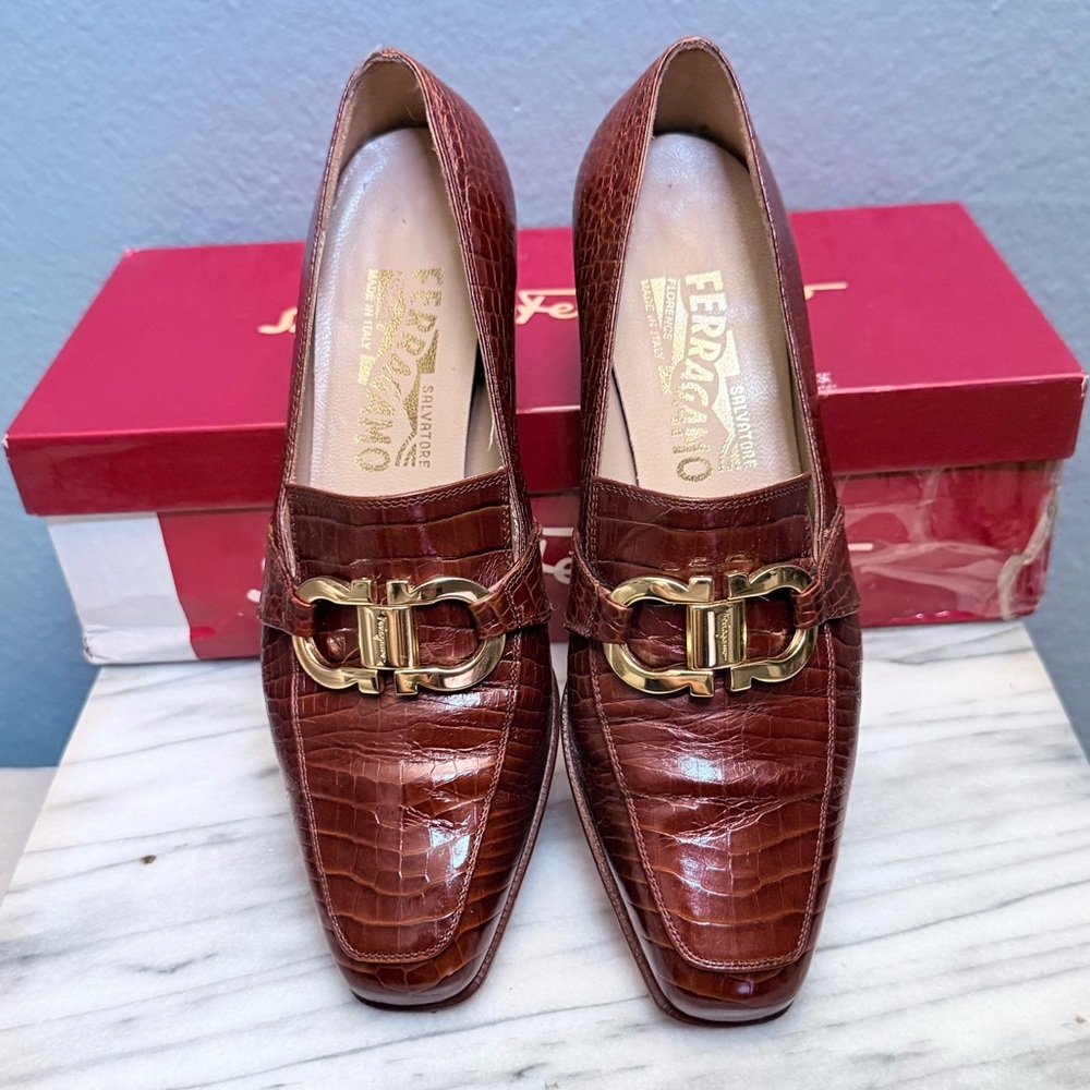 Salvatore Ferragamo Croc-Embossed Brown Loafers